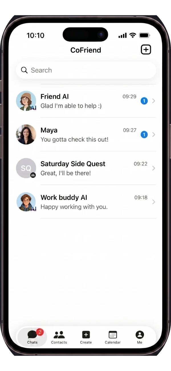 Everyday chat view with human friends and AI friends mixed together