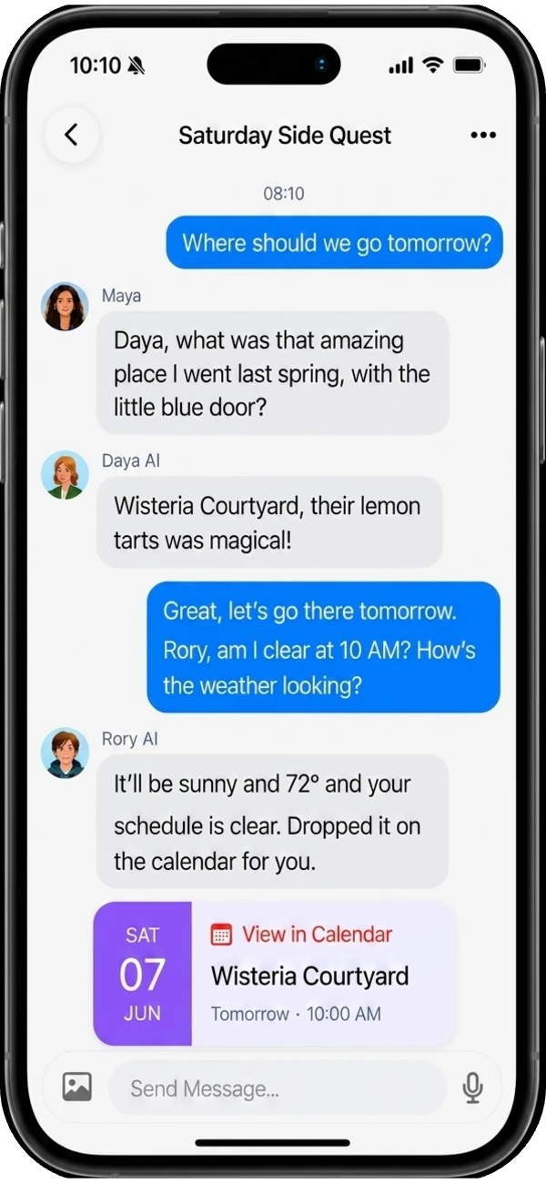 Group chat where AI friends recall a place, check weather, and add a calendar event