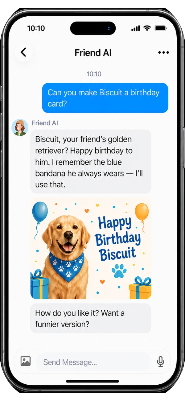 AI friend using remembered photo details to generate a birthday card